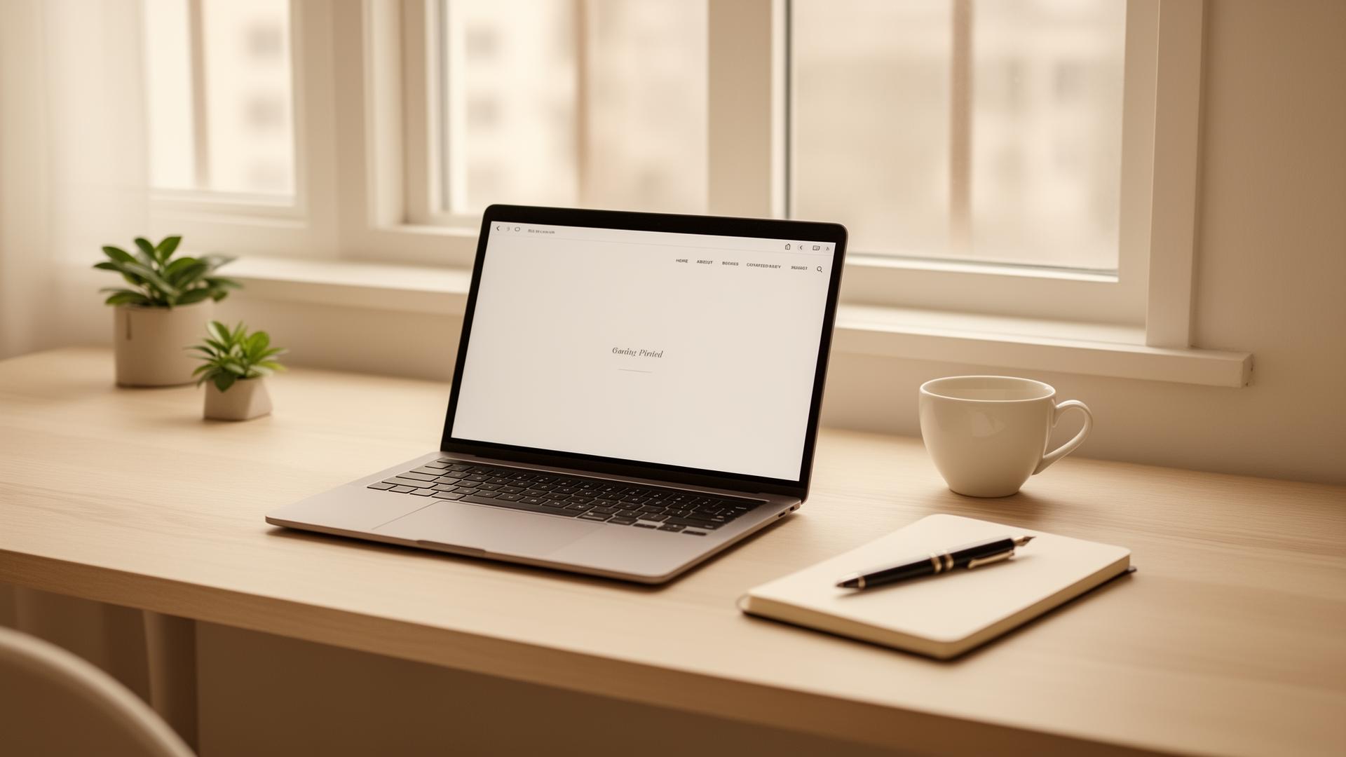 Rolig arbeidsplass med laptop, kaffekopp og notatbok ved et vindu