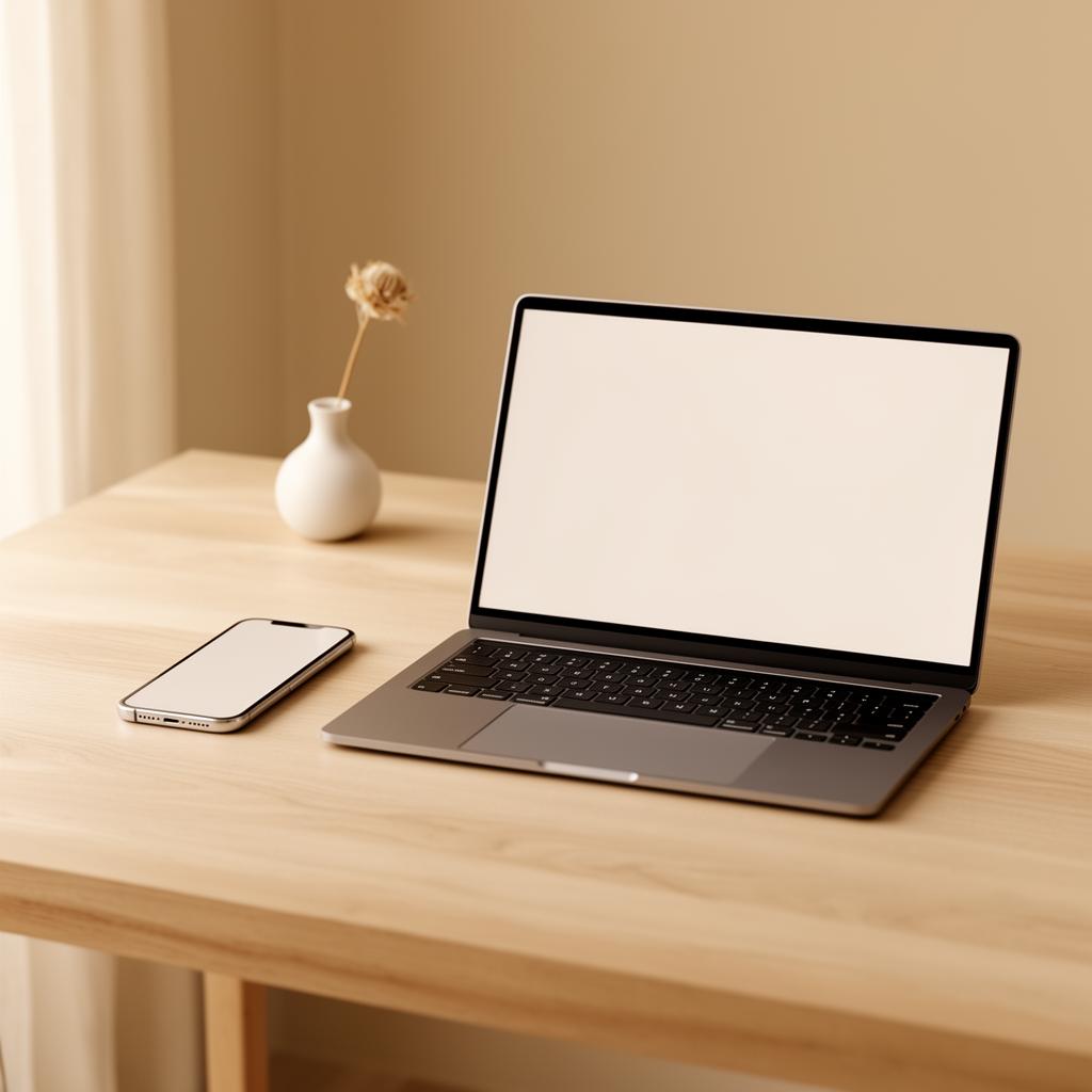 Laptop og smarttelefon med blanke skjermer på et lyst trebord