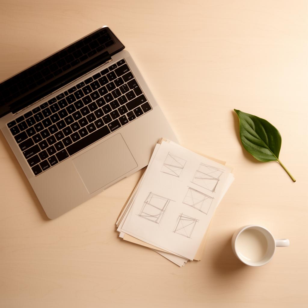 Skisser, laptop og en kaffekopp på et lyst arbeidsbord – planlegging av nettside